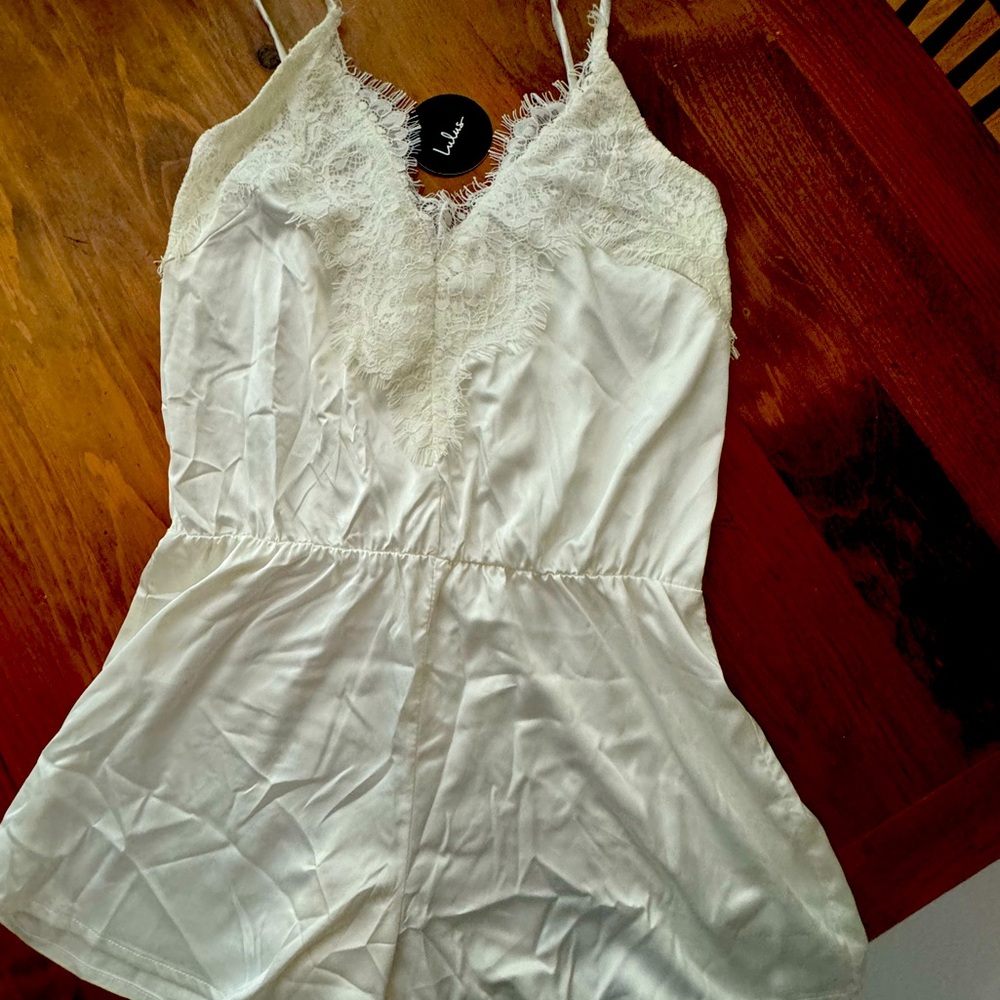 Be My Love White Satin Lace Lounge Romper- New